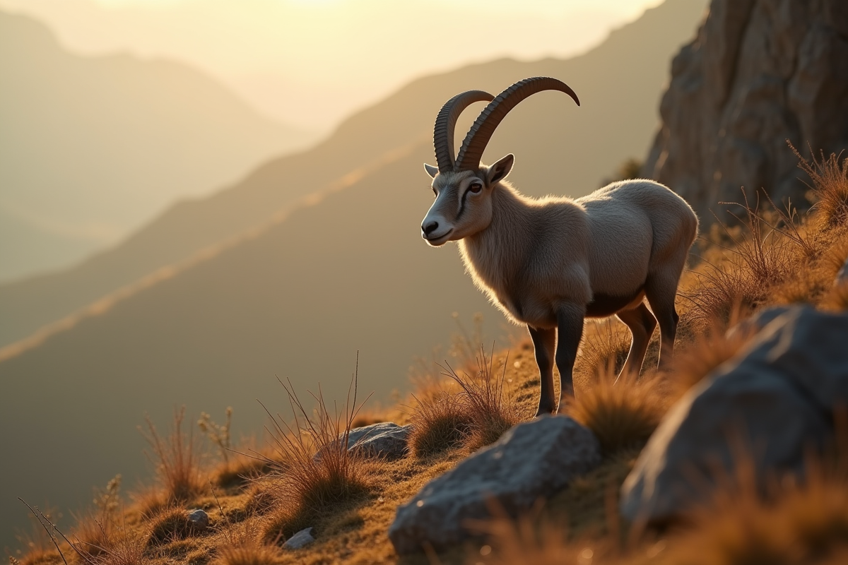 Mouton sauvage urial sur une colline rocheuse au matin