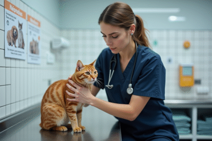 Vétérinaire femme avec chat dans une clinique propre