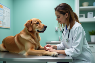 Vétérinaire examinant la patte d'un chien dans une clinique