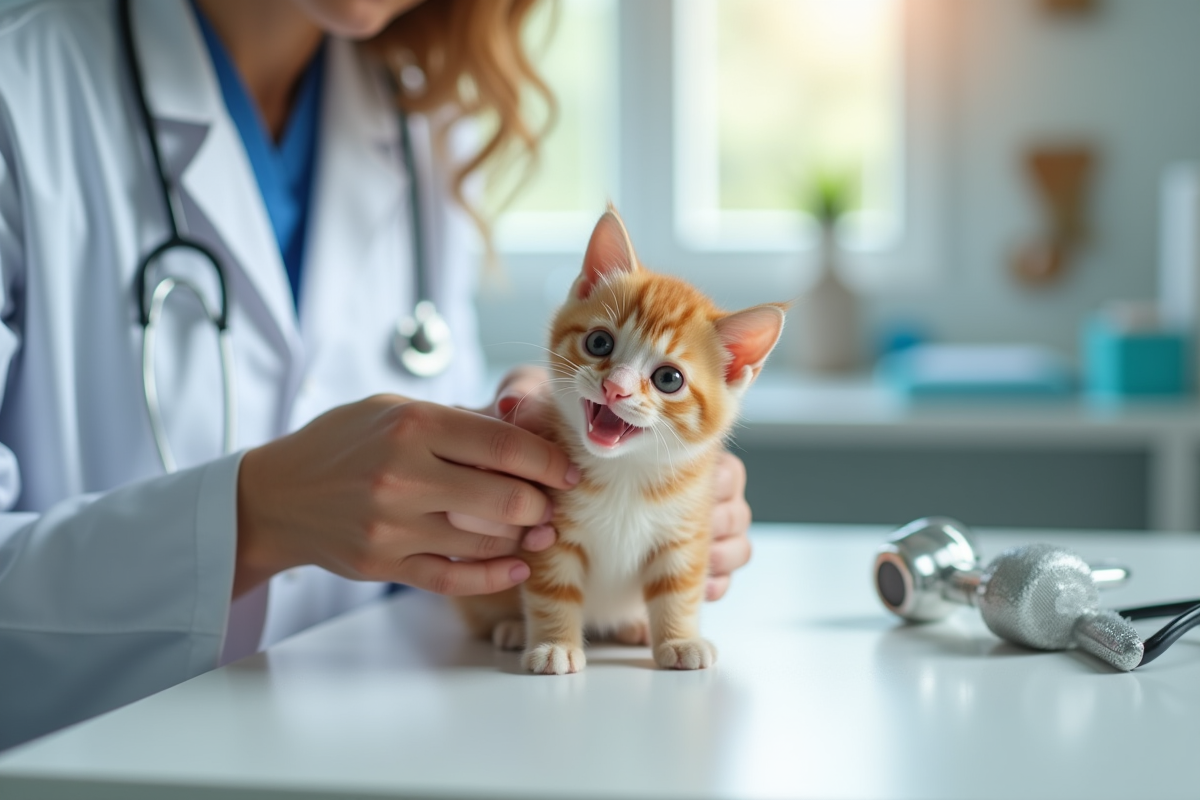 Vétérinaire examinant un chat nain sur une table blanche