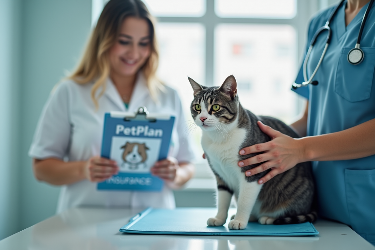 Vétérinaire examinant un chat gris et blanc en clinique