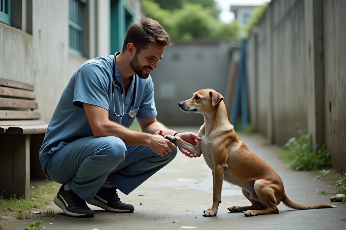Vétérinaire vérifiant la patte d