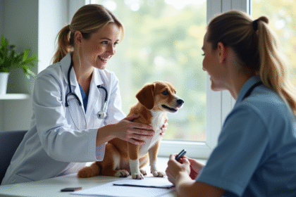 Vétérinaire souriante examinant un chien dans une clinique moderne