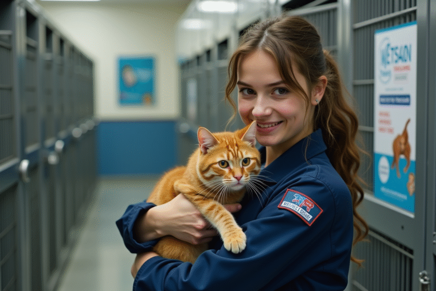 Jeune femme sauveteuse caressant un chat roux dans refuge